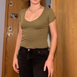 Green Ribbed Short Sleeve V-Neck